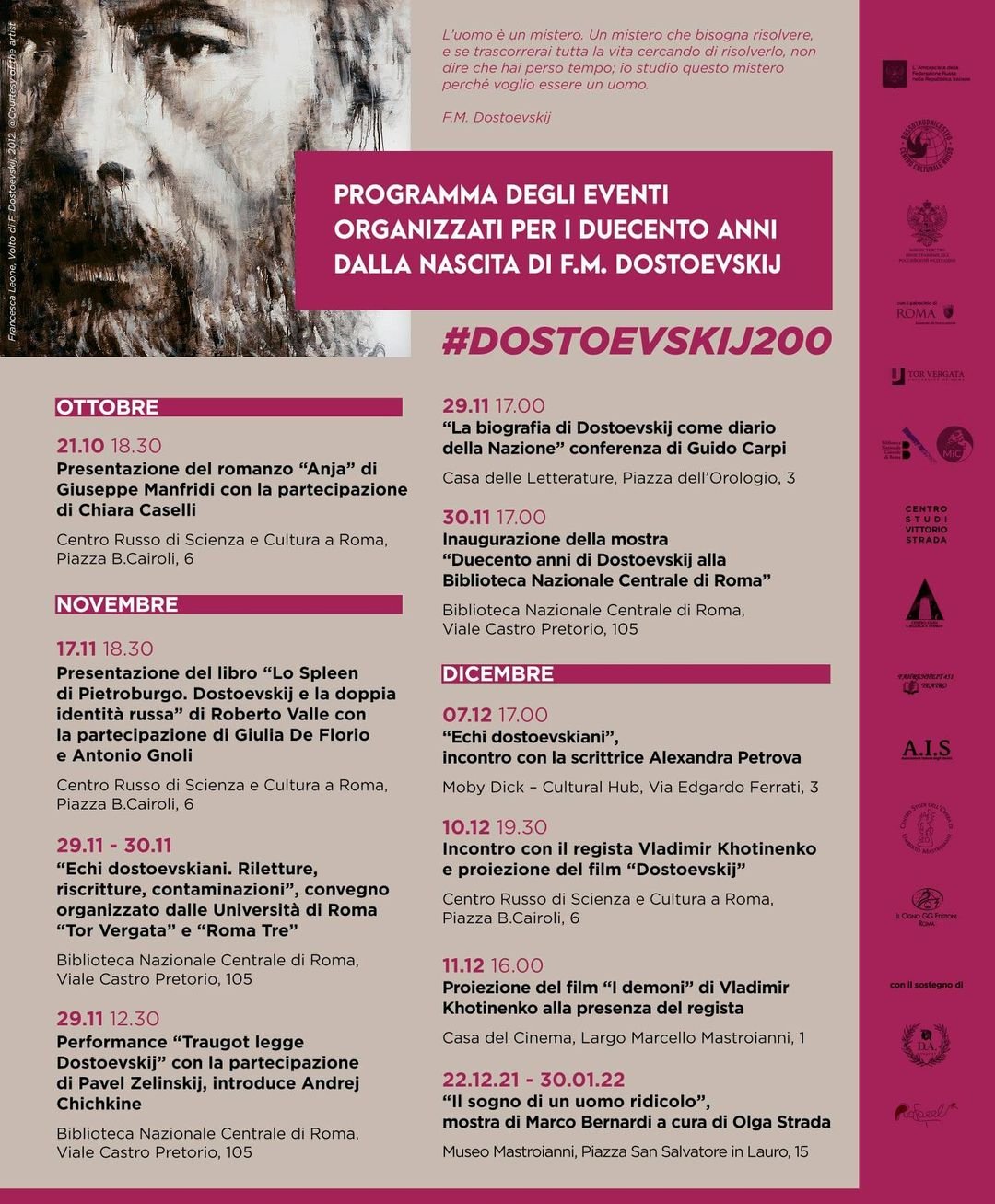 #DOSTOEVSKIJ200 CALENDARIO APPUNTAMENTI MANIFESTAZIONI LEGATE ALLA CELEBRAZIONE DEI 200 ANNI DELLA NASCITA DI FEDOR MICHAJLOVIČ DOSTOEVSKIJ (1821-1881) – 2021)